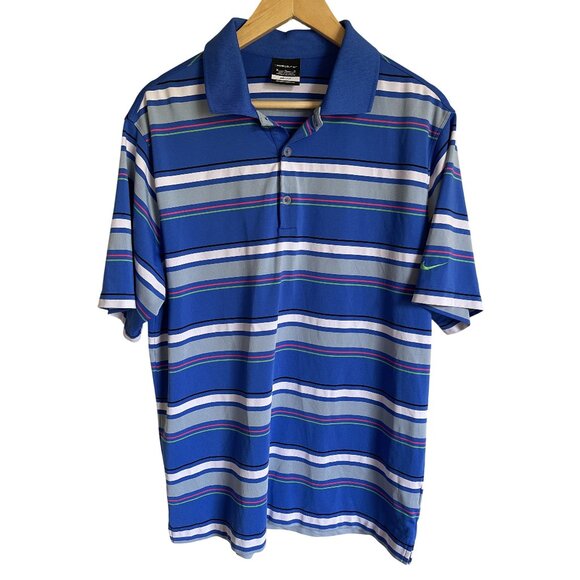 Nike Golf Size Medium Blue Striped Golf Polo Shirt Swoosh - Picture 1 of 5
